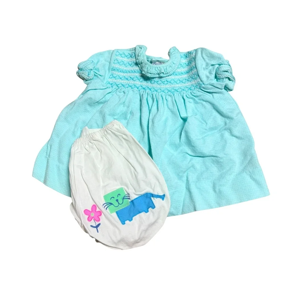 Vintage Carters Baby Girl Smocked Dress Set Blue Cat Applique Diaper Cover 1YR